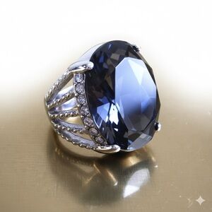 Grey Oval Glass Center Crystals Silver Ring